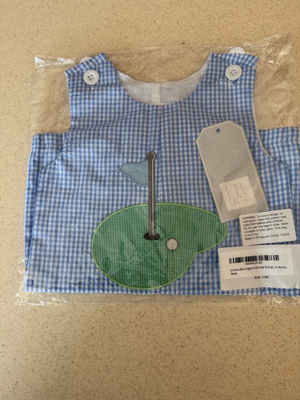 NWT- Lil Cactus Light Blue Gingham Bib with Green Golf Appliqué 3-6 M